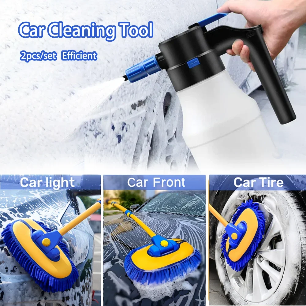 2pcs Car Wash Car Cleaning Set Long Handle Mop Brush 1.5L Electric Car Wash Foam Sprayer Foam Washing Too for Clean RV SUV Truck