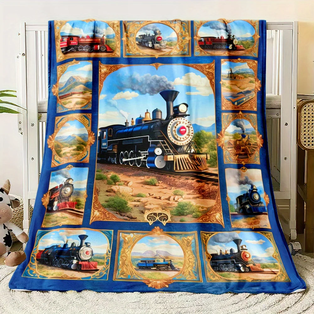 Custom Vintage Steam Train Blanket Personalized Retro Locomotive Art Fleece Throw All Season Soft Warm Bedding Home Decor Gift