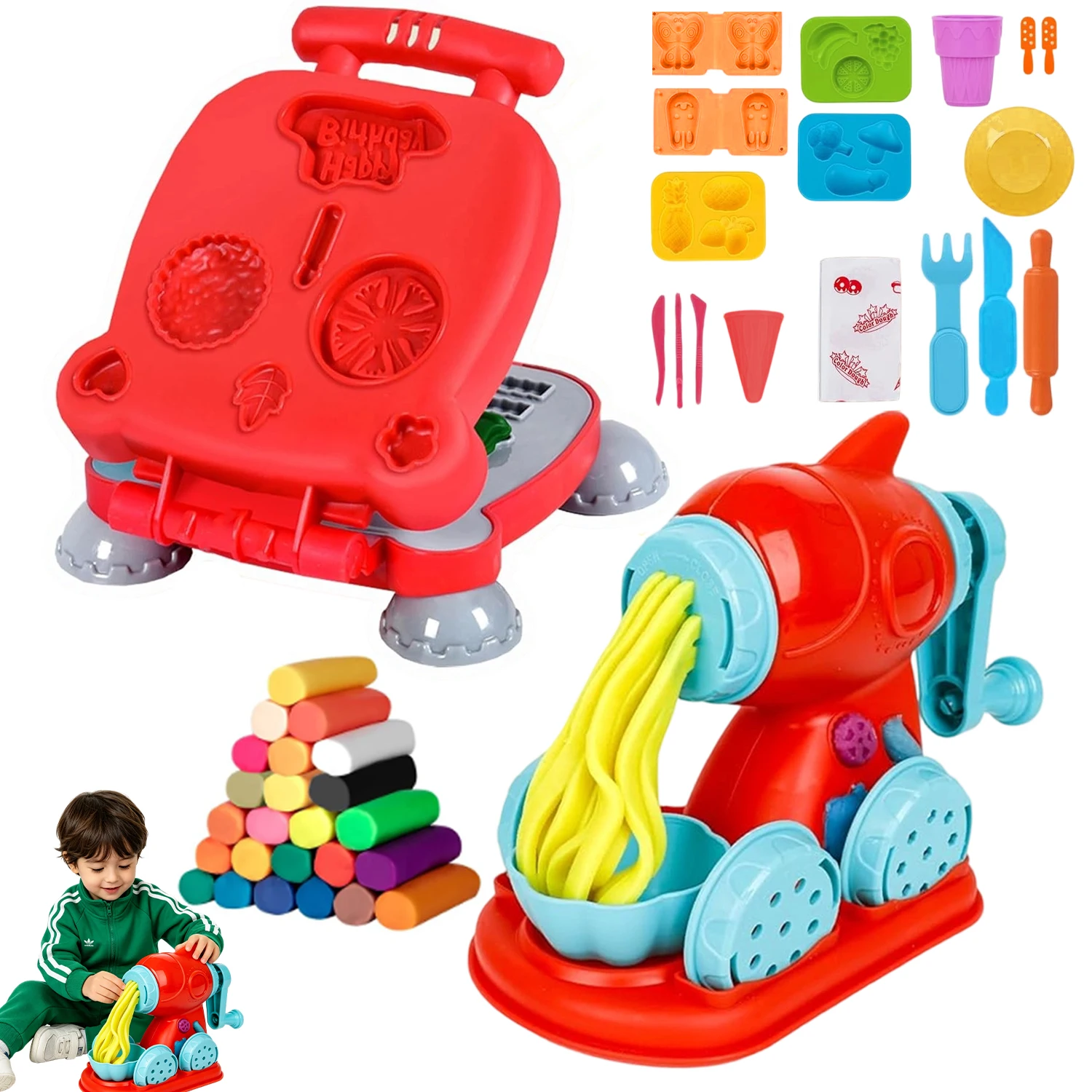 Ensemble de jouets en pâte à modeler 24 couleurs pour enfants, ensemble de jeu pour faire des pâtes, des hamburgers, des pizzas et des glaces avec machine à nouilles et presse à hamburgers, accessoires de cuisine créatifs Play Doh, cadeau éducatif pour garçons et filles