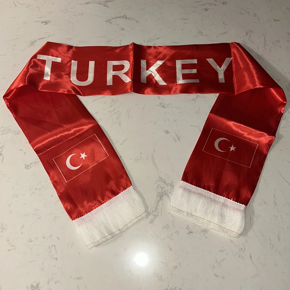 Turkey Scarf 12/14x135cm Double-sided Printed Satin Türkiye Flag Scarf Tassels Suitable for Football Cup, Sports, Events