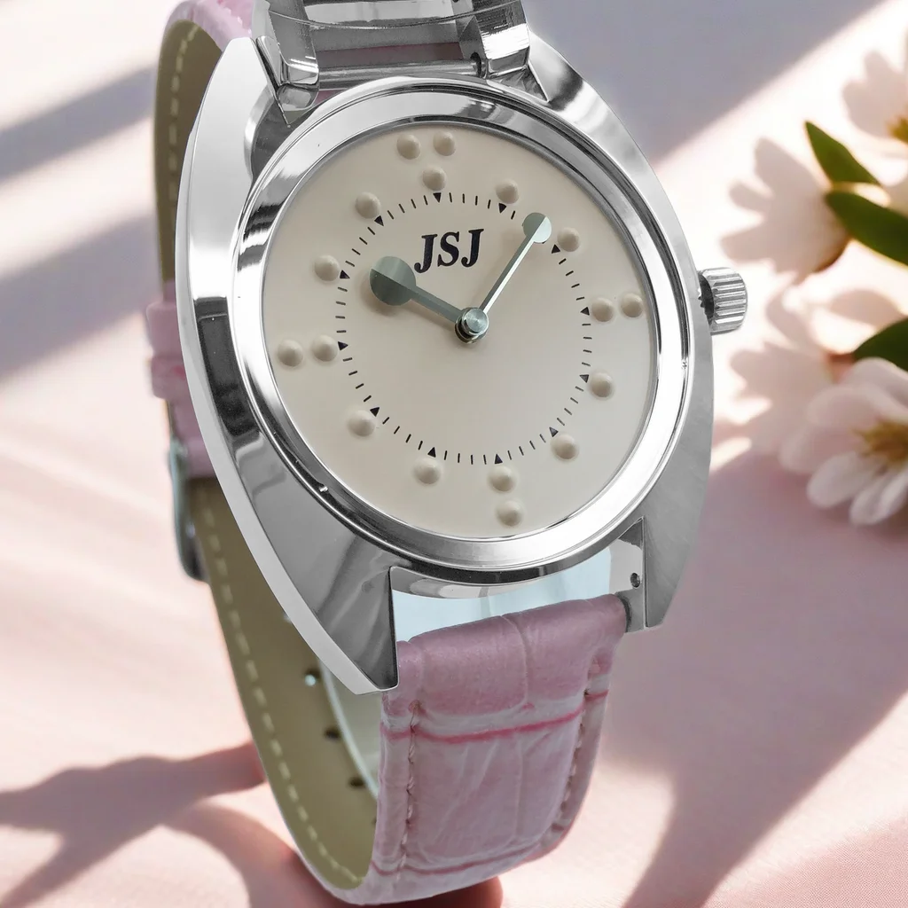 นาฬิกาสัมผัสสําหรับคนตาบอดหรือสายตาต่ําพร้อมสายหนังสีชมพู หน้าปัดสีชมพู