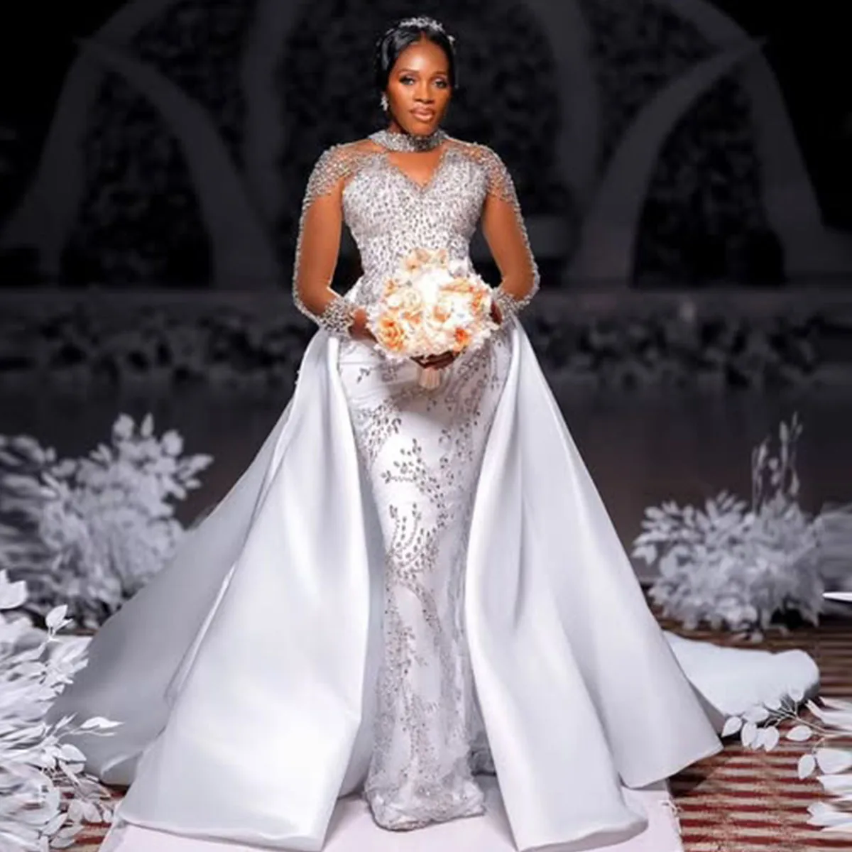 

Customized High Quality Mermaid Wedding Dresses Diamond Full Detachable Train Bead Lace 3D Flowers Pearls Bridal Gowns Dress