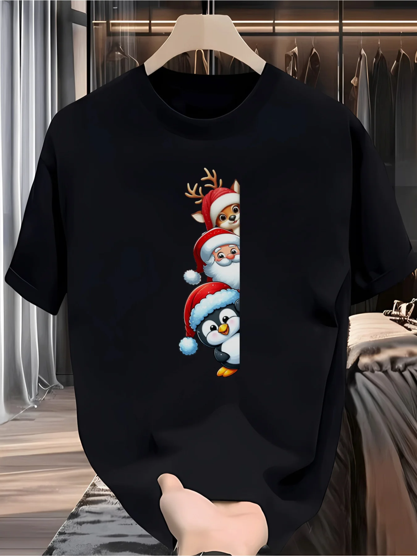 Men's T-shirt with Christmas Character Stacking Pattern, Pure Cotton Short Sleeved T-shirt, Soft and Slightly Elastic Round Neck
