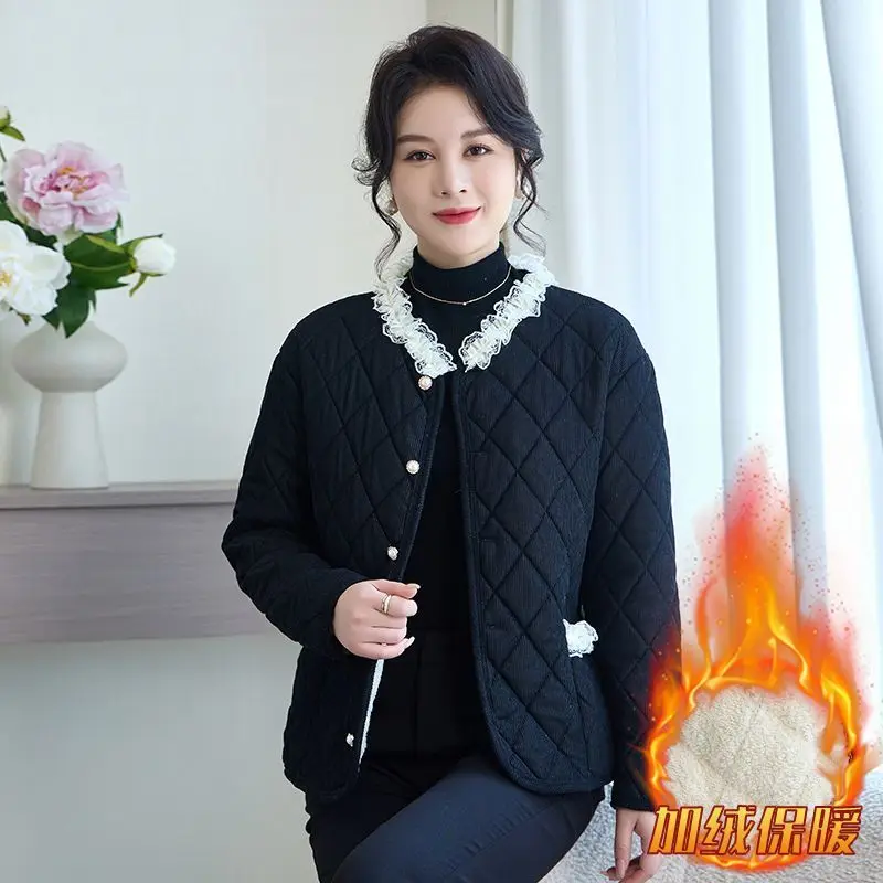 

Новое женское кружевное пальто с хлопковой подкладкой, зима 2025, женская модная возрастная куртка, трехслойная стеганая хлопково-бархатная верхняя куртка