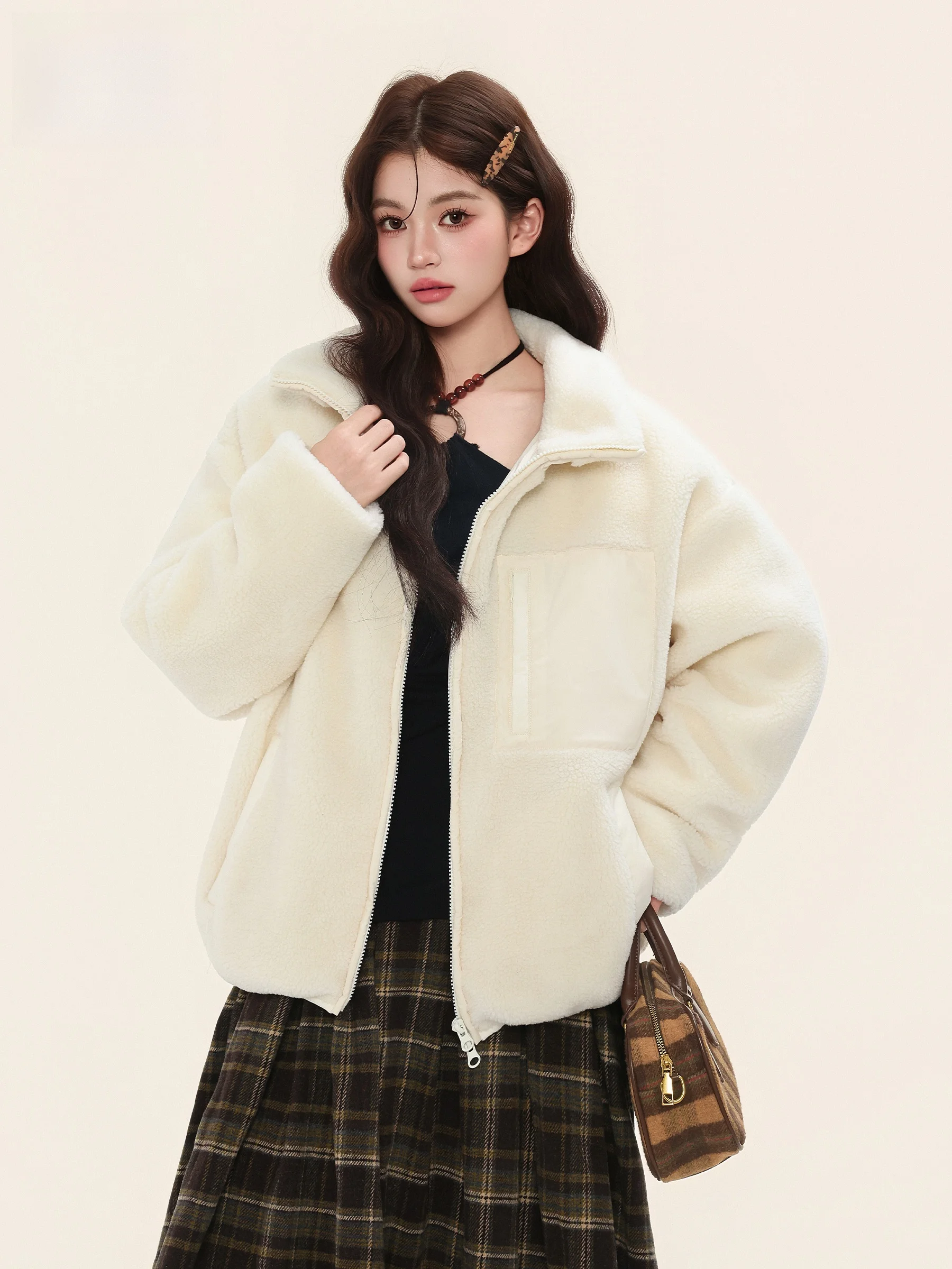 

Lamb Fur Collar Puffer Jacket Women's Loose Warm Outerwear Top Korean Style Autumn Winter New Arrival Long Sleeve Zipper Closure