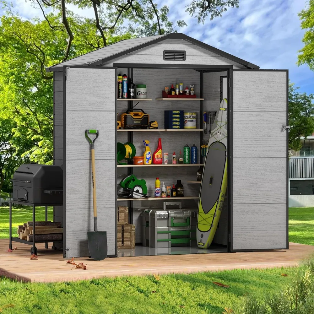 

Plastic outdoor storage shed, double door tool shed, with transparent roof and ventilation opening, lockable door with key