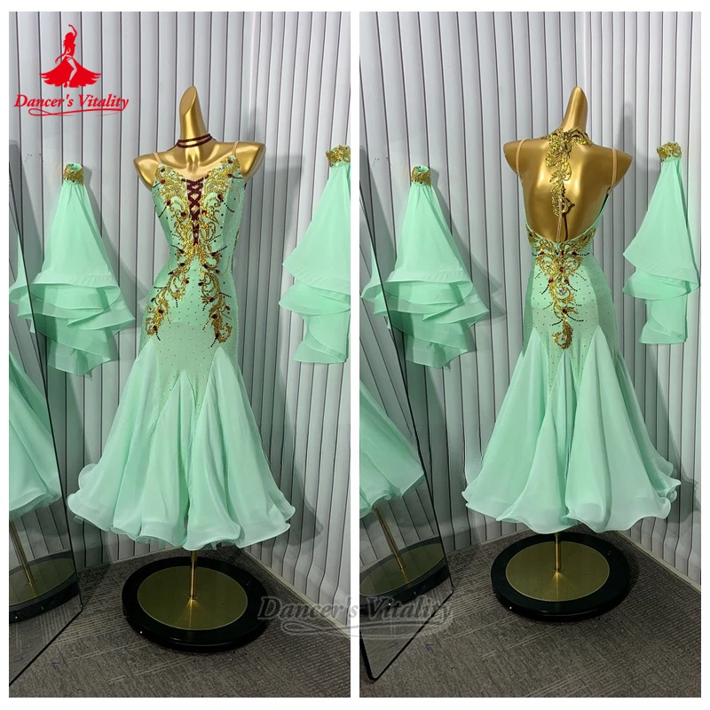 Danza moderna verde menta sin mangas envuelto caderas vestidos lujoso personalizado adulto vals Foxtrot Sling atuendo bailarina vitalidad