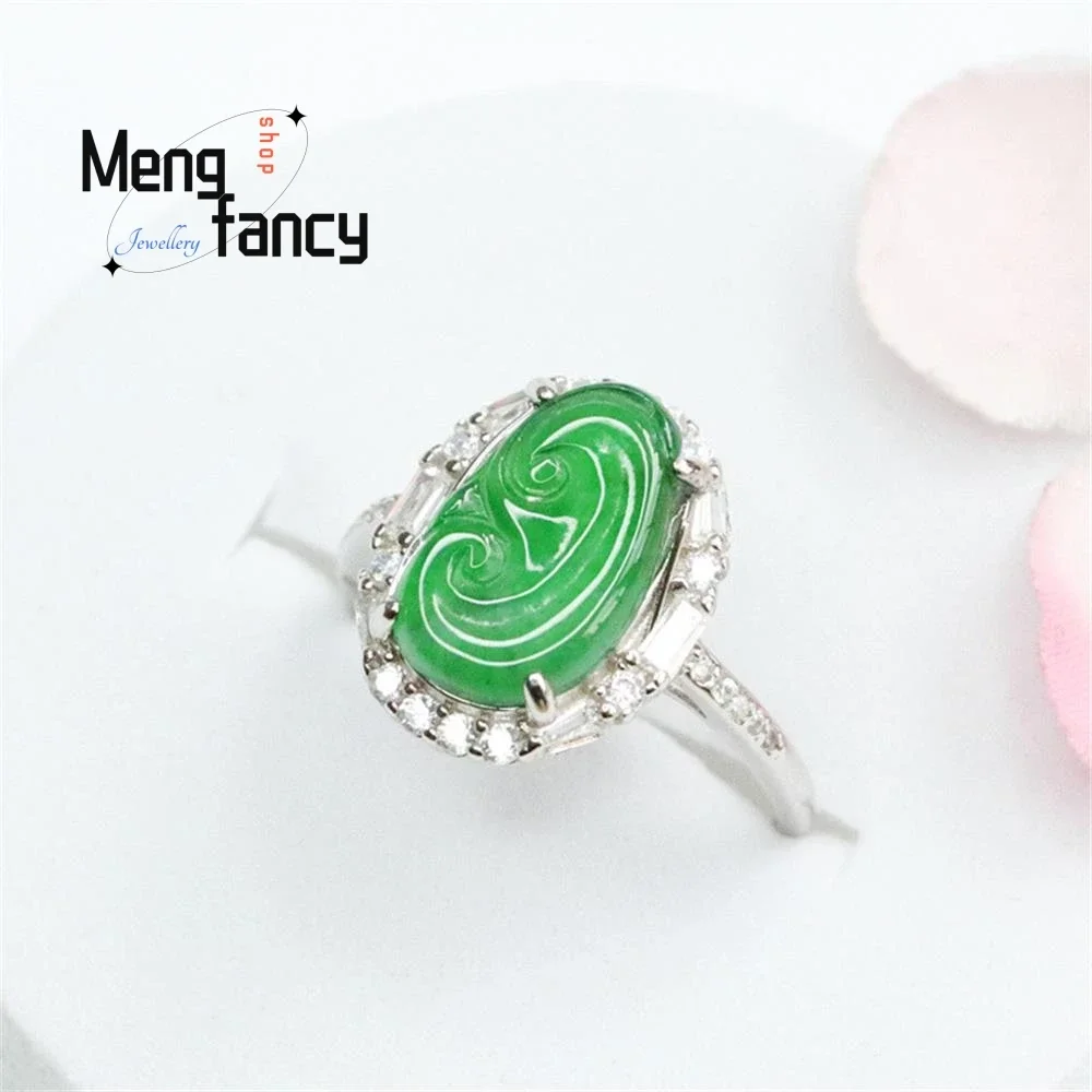 S925 Silver Lnlaid Natural Jadeite Ice Green Ruyi Ring Exquisite Charm High-grade Sexy Young Girls Couple Luxury Quality Jewelry