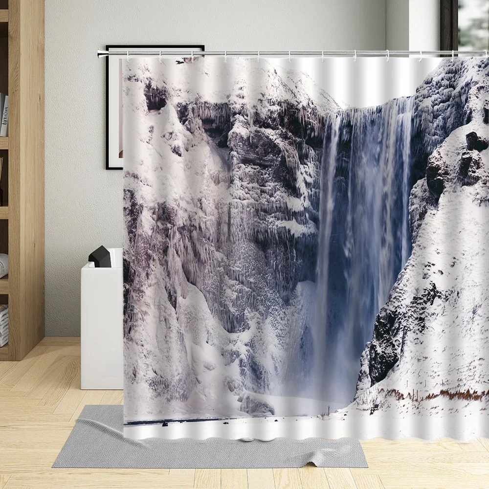 Winter landscape Snow Peak Shower Curtains Forest Mountain Waterfall Bath Curtain With Hooks Waterproof Fabric Bathroom Sets