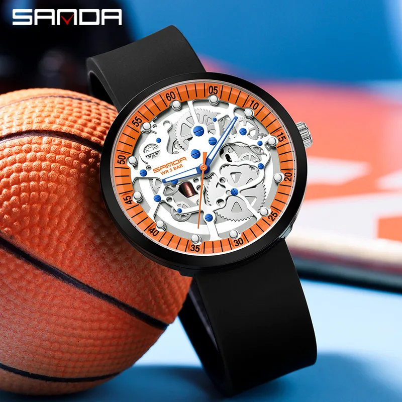 Fashion Sanda Top Brand Luxury Sport Men's Quartz Watch Silicone Band Cool Hollow Removable 50 Meter Waterproof Wrsist Watches