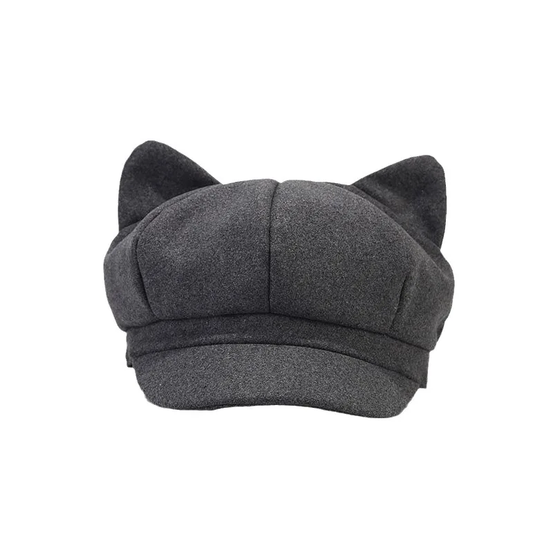 Winter New Cat Ear Beret Hat Women Plain English Retro Wool Felt Baker Boy Cap for Women Cute Octagonal Newsboy Cap