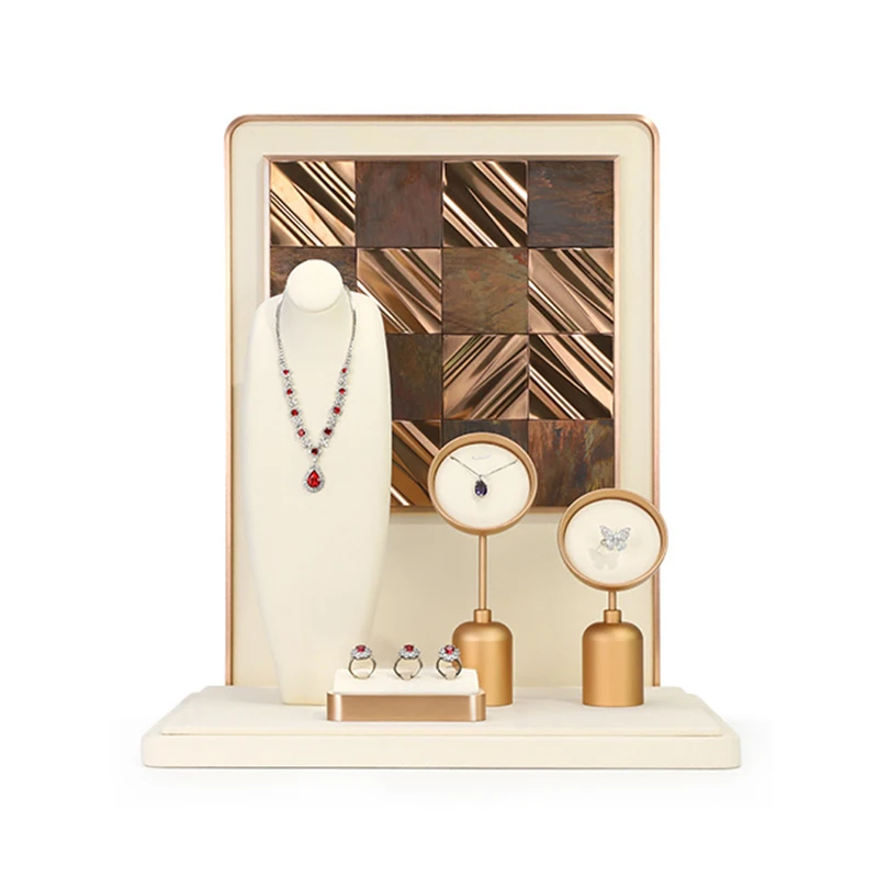 

Light luxury jewelry display props, beige microfiber necklace, earrings, rings display stand, high-end jewelry display rack