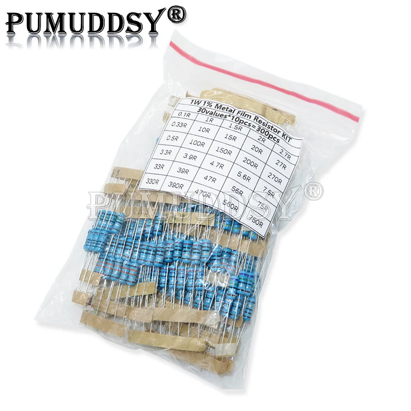 300PCS/Set 30 Kinds 1/4W 1/2W 1W 2W 3W Resistance 1% Metal Film Resistor Pack Assorted Kit 0.1R-750R 1K-820K Resistor 150PCS/Set