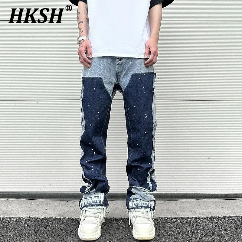 HKSH American High Street Vintage Style Splicing Splashed Ink Jeans Trend Brand Ins Punk Feeling Micro Flared Denim Pants HK2784