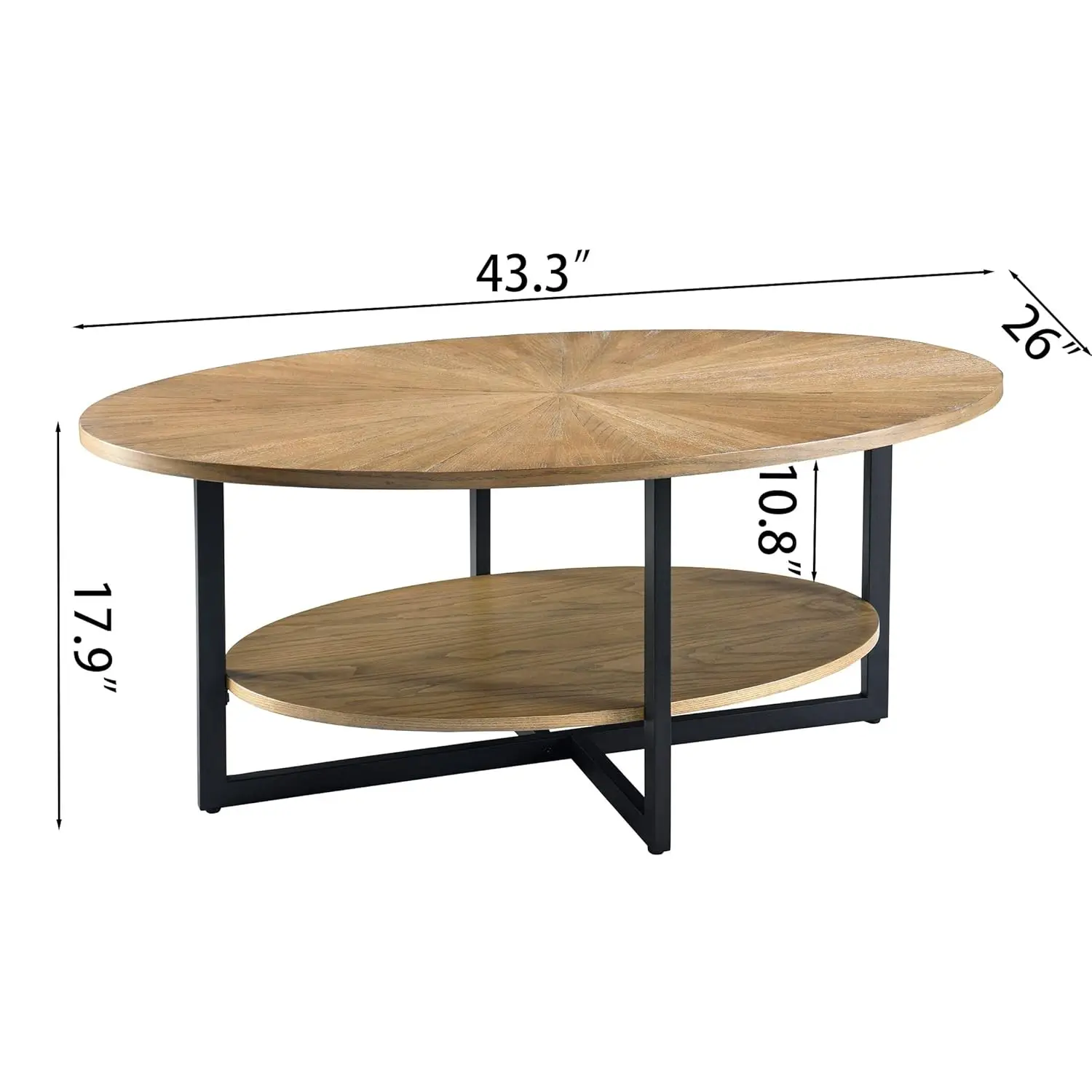 Solid Wood Oval Coffee Table With Cross Metal Legs, 43.3in Modern Center Table With Open Shelf Cocktail Tea Table For