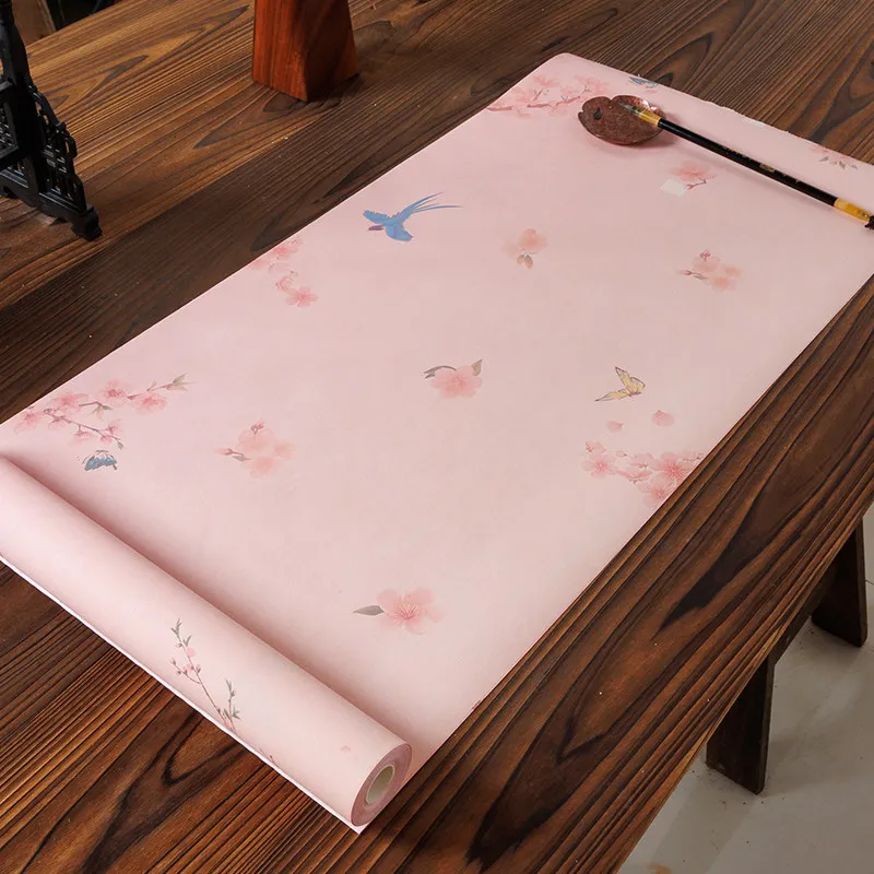 Pink Floral & Bird Batik Half-Ripe Xuan Paper Roll 34cm x 10m, Blank Calligraphy Scroll for Small Regular & Cursive Script