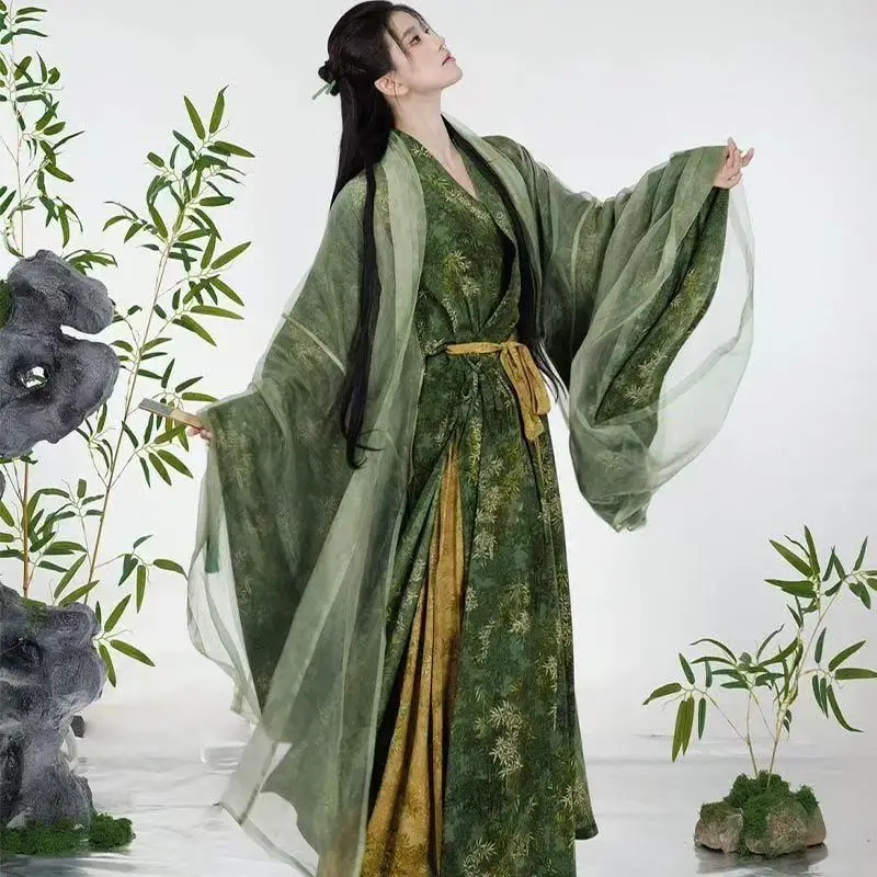 

Ancient Fairy Martial Green Hanfu Men Women Traditional Chinese Bamboo Printing Costume Halloween Wuxia Cosplay Suit Long Robe