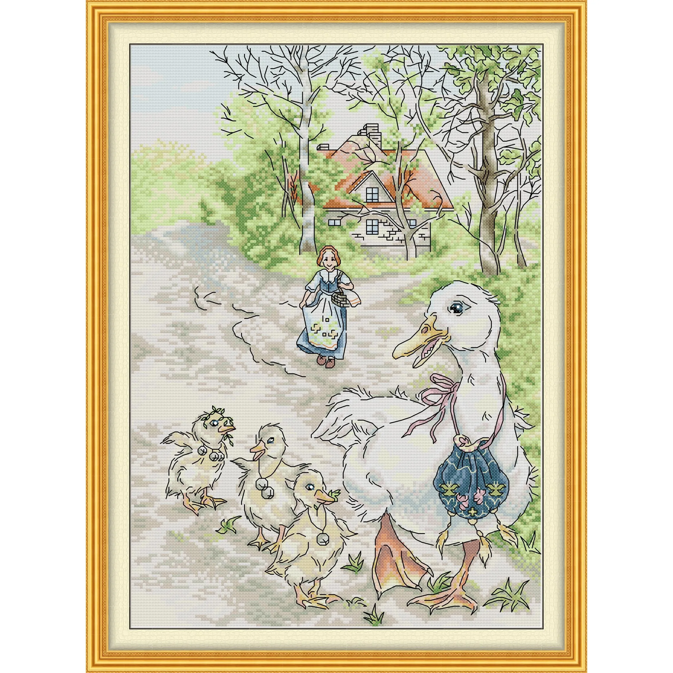 Joy Sunday Pre-printed Cross Stitch Kit  Easy Pattern Aida  Stamped Fabric Embroidery Set-Mother Duck and Cubs