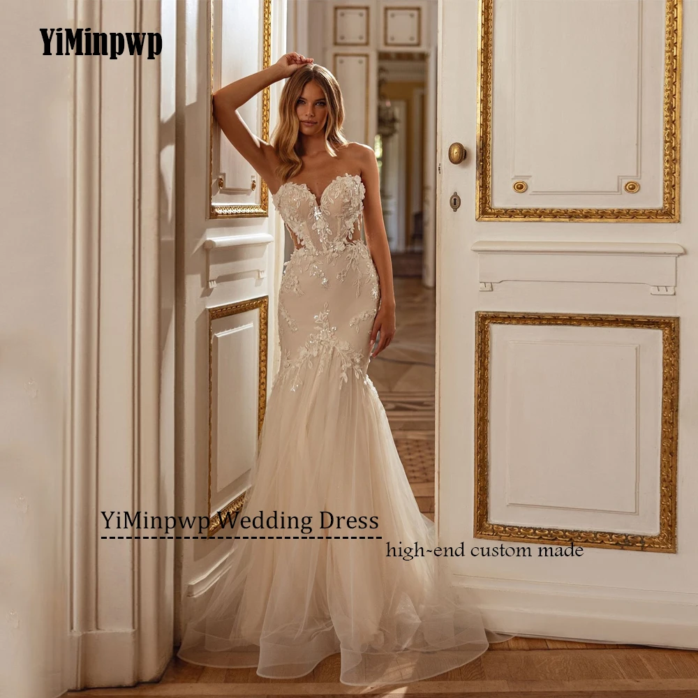 Meerjungfrau Luxus Brautkleider Illusion Zurück Blumen Pailletten Liebsten Applique Braut Kleider Boho vestido de novia Angepasst