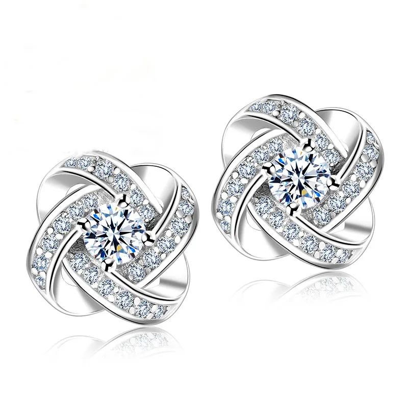 Fine Genuine 925 Sterling Silver Rhinstone Crystal Wedding Stud Earrings For Women Girls Party Earring Jewelry Gift