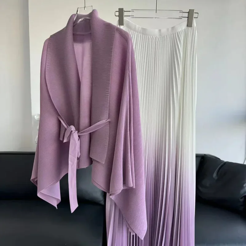 2024 Miyake Pleated Solid Color Butterfly Sleeve Top Gradual Change Skirt Two-piece Fashion Cardigan Spring and Autumn New Suit image 4