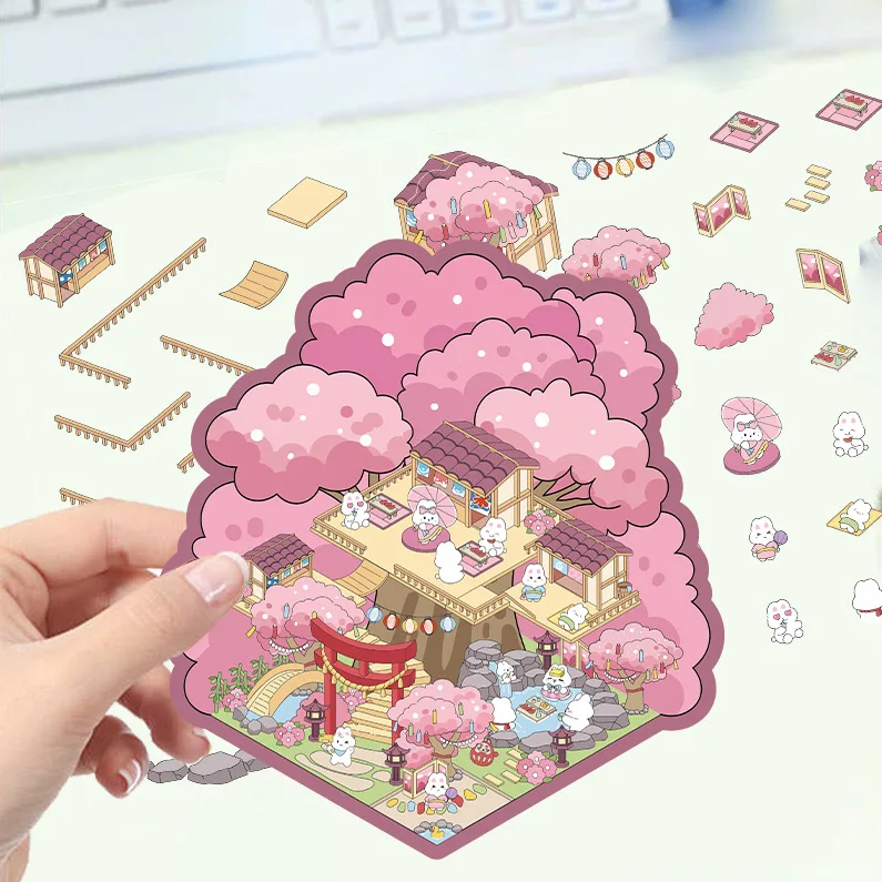 Cartoon Pink Cherry Blossom House Landscaping Miniature Landscape Sticker DIY3D Decompression Sticker PET