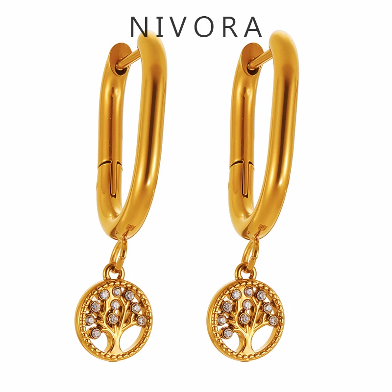 Nivora модные серьги-кольца с подвеской «Древо жизни» из нержавеющей стали для женщин, гипоаллергенные свадебные висячие серьги, ювелирные изделия Nivora модные серьги-кольца с подвеской «Древо жизни» из нержавеющей стали для женщин, гипоаллергенные свадебные висячие серьги, ювелирные изделия