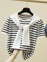 Striped T Shirt Women Summer 2022 Knitted Sailor Neck Tshirt Short Sleeve Tops Casual Korean Style Tee Shirts Women's Clothes