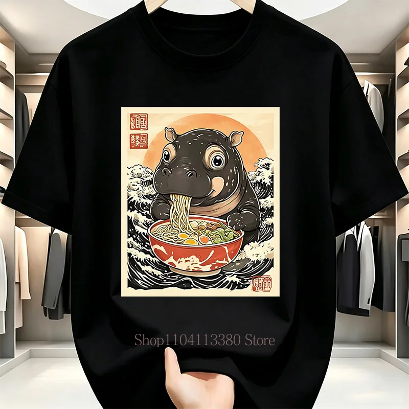 Hippo Eating Ramen T-shirts for Women Summer Casual Fashion Japanese Style High Street Tops Crew Neck Short Sleeve T-shirts