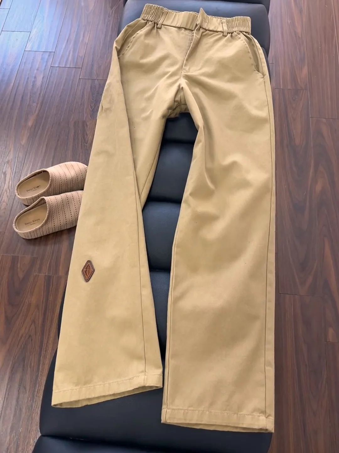 カーキピュアコットンストレートレッグワークウェアパンツメンズカジュアルレトロラベルデザインセンセーション秋シーズンファイオナブルパンツ