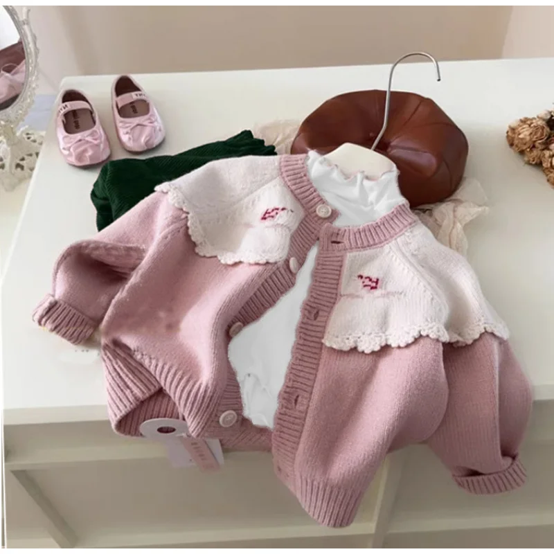 

Girl's Cardigan Sweater Coat2024Spring South Korea Baby Sweet Lace Children's Sweater Coat Female