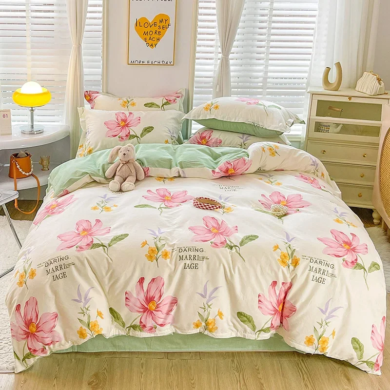 Pink Flowers Cotton Duvet Cover Set Queen Botanical Floral Bedding Set Pastoral Farmhouse Comforter Covers Reversible Sage Green