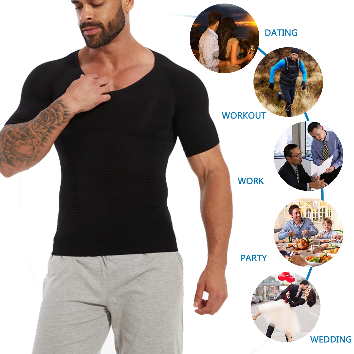 Men\'s Short Sleeve Compression T-Shirt V-neck Shapewear Tummy Control Flat Belly Tank Top Fitness Workout Slimming Body Shaper