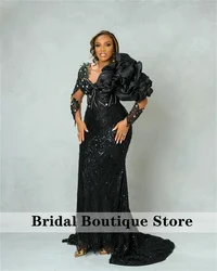 Glitter Black Prom Wedding Dress 2024 Long Ruffle Sleeves Beading Crystals Wedding Reception Evening Gown Birthday Party