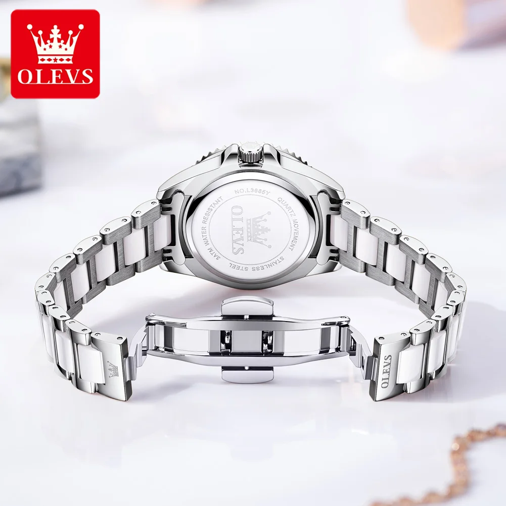 OLEVS 3685 Original Quartz Movement Watch Smart Steel Ceramic Bracelet Luminous Function 30m Waterproof Calendar Window Watch