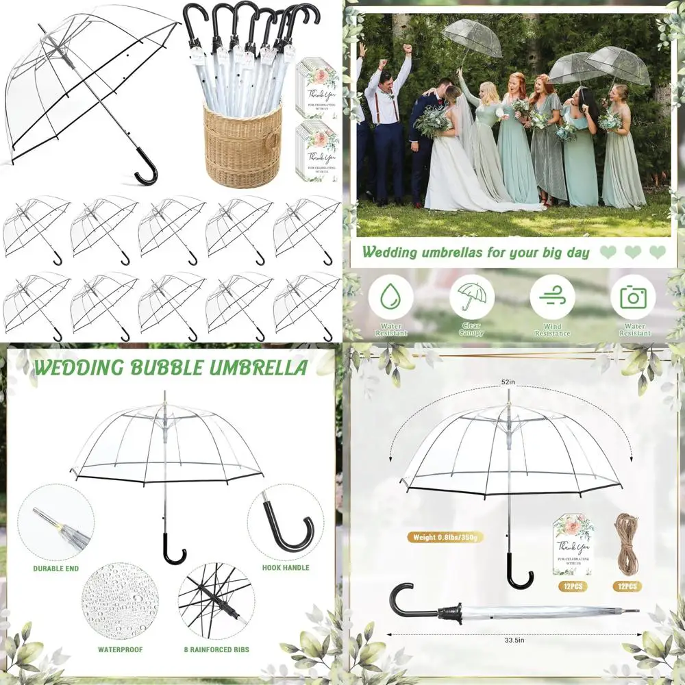 

Large Dome Rain Umbrellas - 12 Pack Wedding Favors, 52 Inch Windproof, with Thank You Tags and Long Tail Gifts for Guests