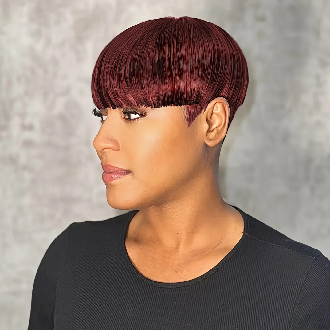 4#/99J/1B Colored Pixie Cut Straight Human Hair Wig for Women Full Machine Made Wig Short Layered Straight Wig with Bangs 6Inch