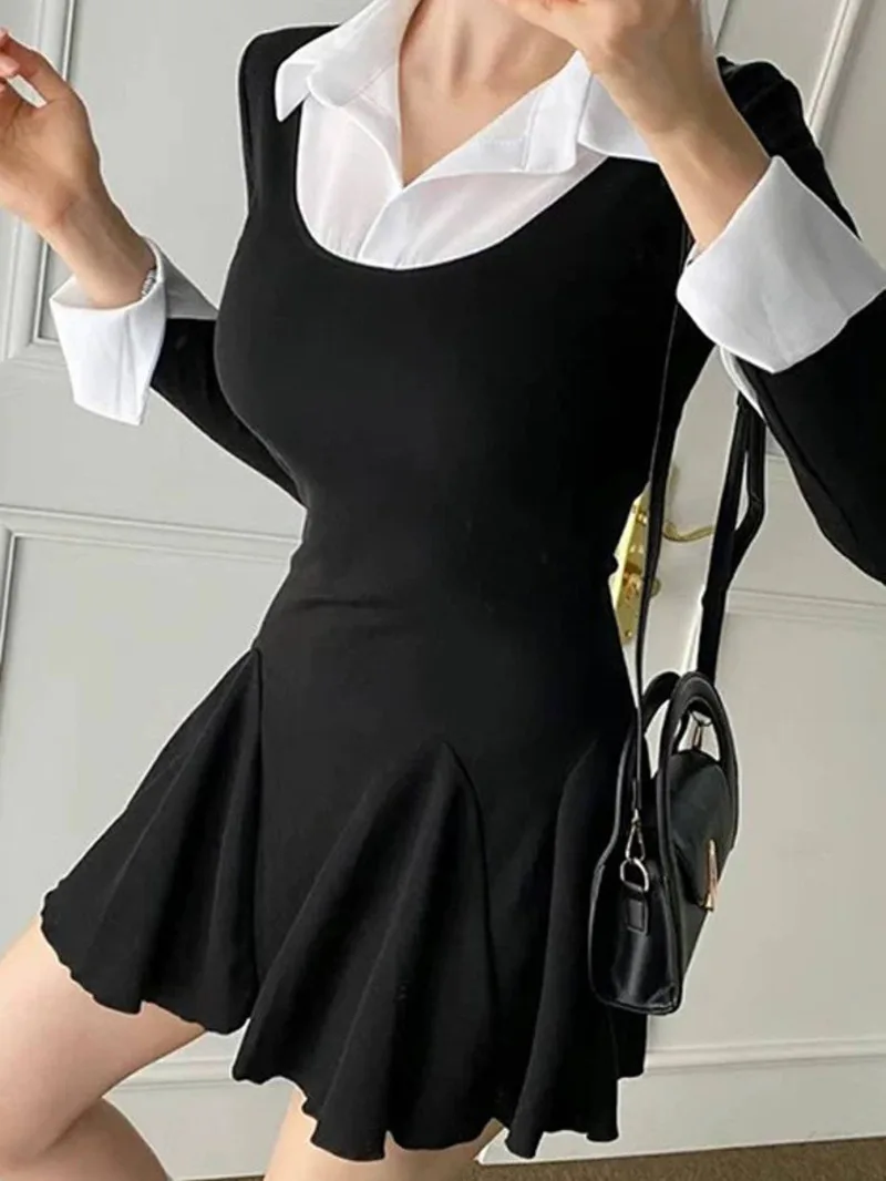 الخريف/الشتاء النسخة الكورية الجديدة بولو التلبيب التباين اللون فستان بكم طويل المرأة Cinching الخصر التفاف الورك فستان قصير F407 #4