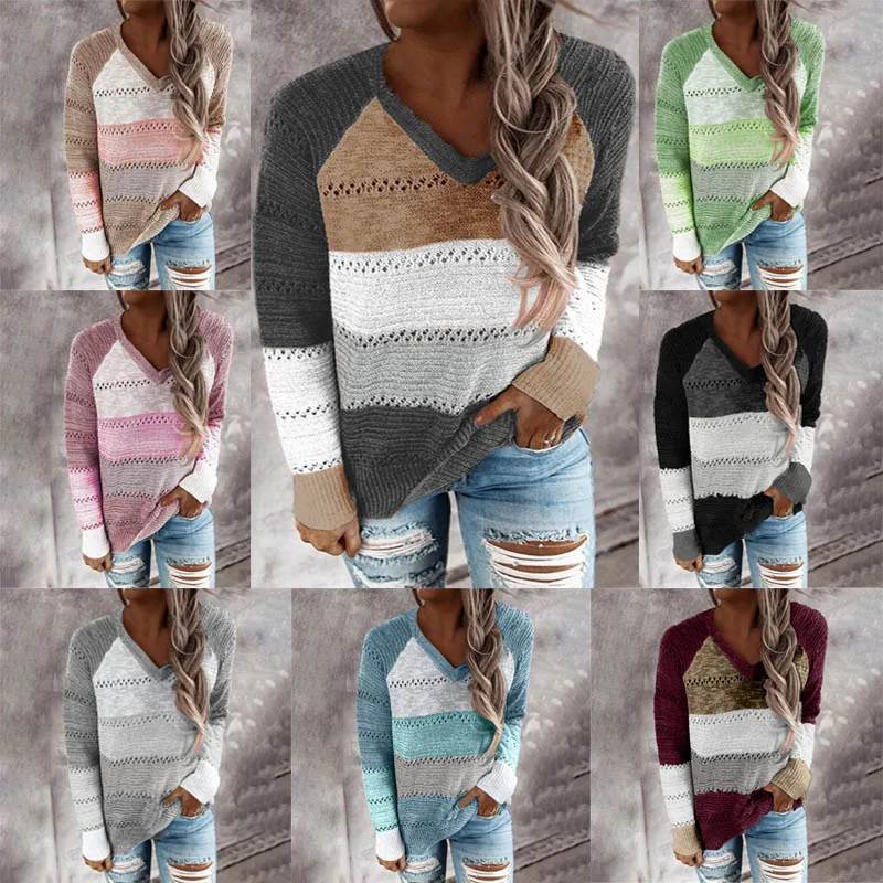 

Осень-зима, длинный свитер V-Ne, цветной блузкий свитер, топ, женский пуловер с узором в полоску из Thiened Yarn Crew Ne