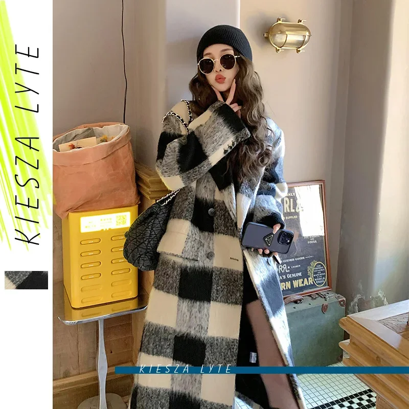 

New Black White Check Wool Coat for Women 2024 Autumn Winter Elegant Ladies Midi Length Coats Outwear