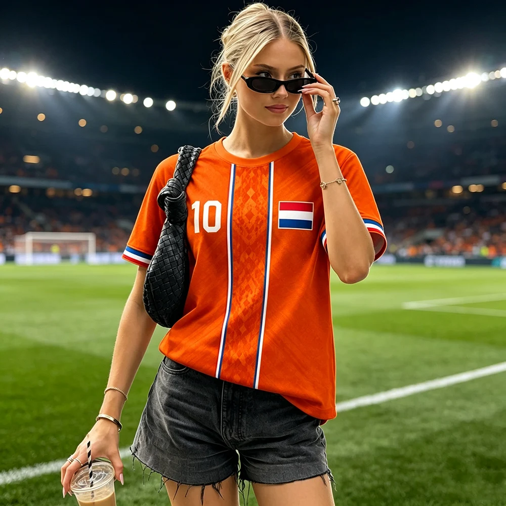 New Women Netherlands Soccer Fan Jersey Orange Breathable National Flag Graphic Short Sleeve Football Ladies Family Kids Tees