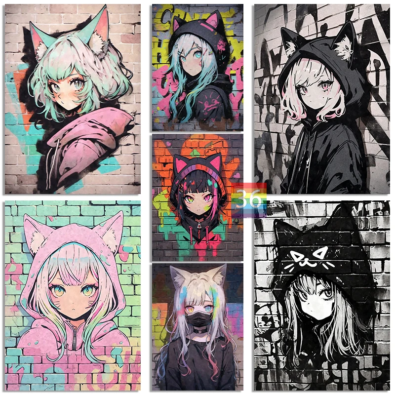 Anime Girls Portrait Graffiti Poster Canvas Printing Kawaii Cat Girl Artwork Prints Decor Gaming Room Home Decoration Boys Gift