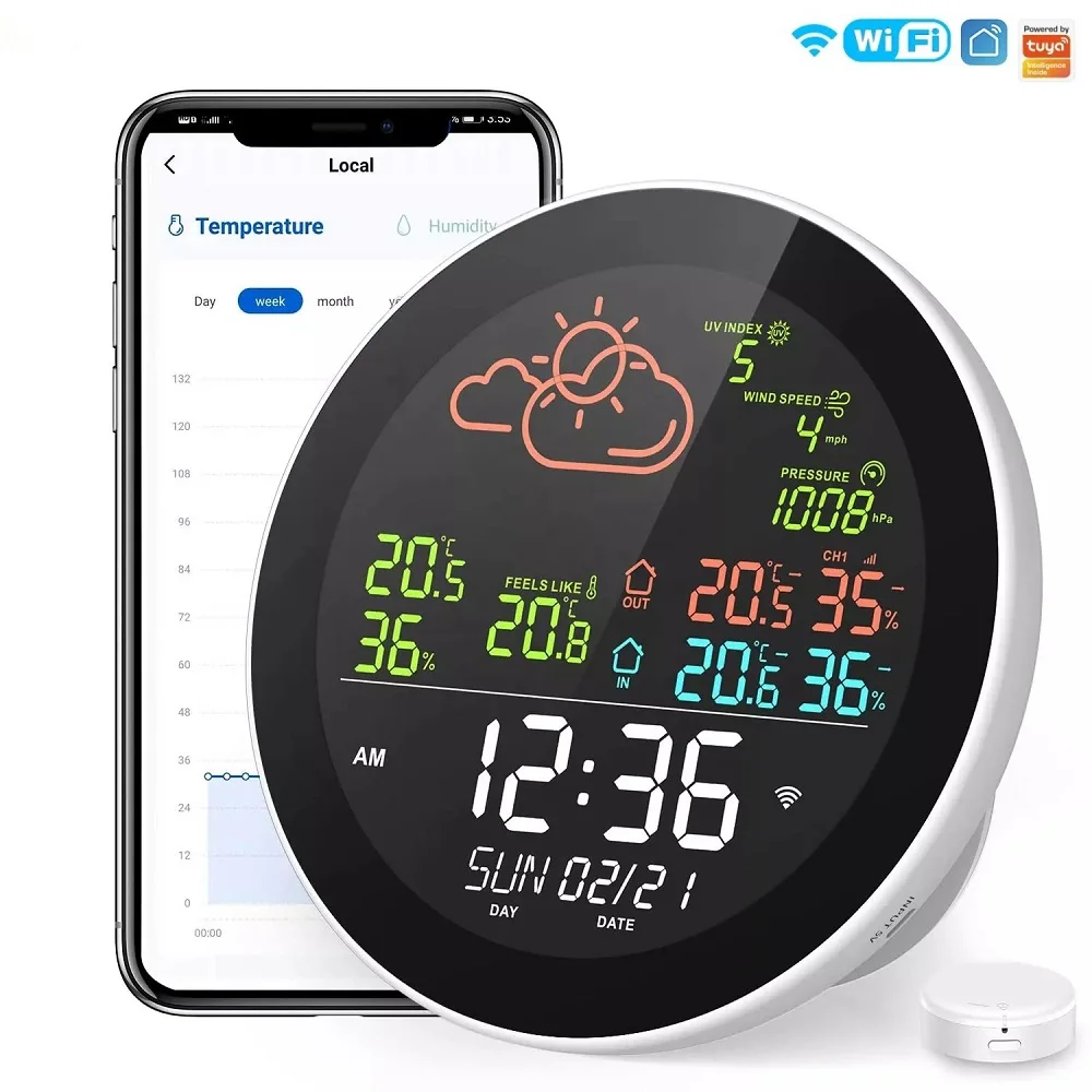 

Smart Weather Station Digital Temperature and Humidity Time Dispaly Calendar UV Alarm Clock App Control Tuya Wifi Colour Screen