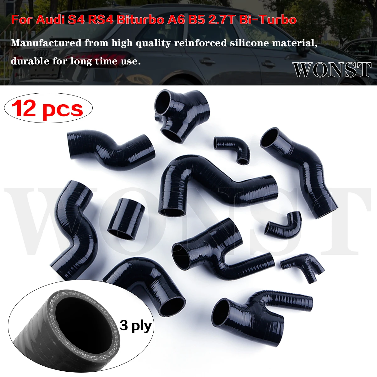 

For 1998 1999 2000 2001 2002 2003 2004 2005 Audi S4 RS4 Biturbo A6 B5 2.7T Bi-Turbo Silicone Induction Intake Hose