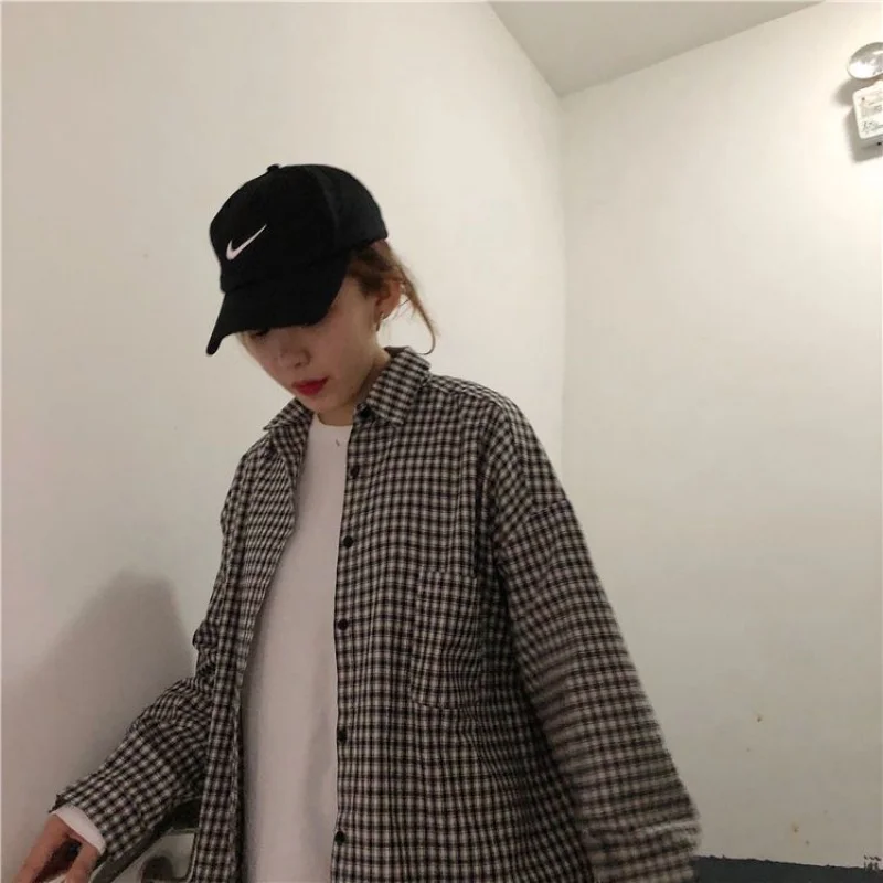 Spring and Autumn new preppy style plaid shirt female students Korean style loose all-match mid-length cardigan shirt coat fashi