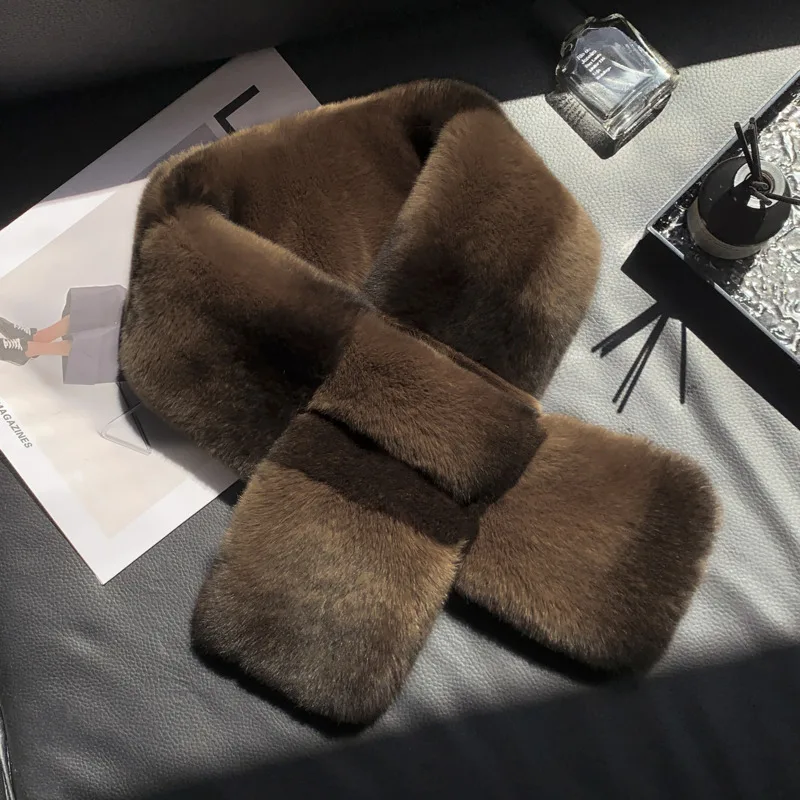 Women's Real Rex Rabbit Fur Scarf For Women Double-sided Thickened Warm Fur Neck Warmer Scarves Winter Plush Woven Scarf