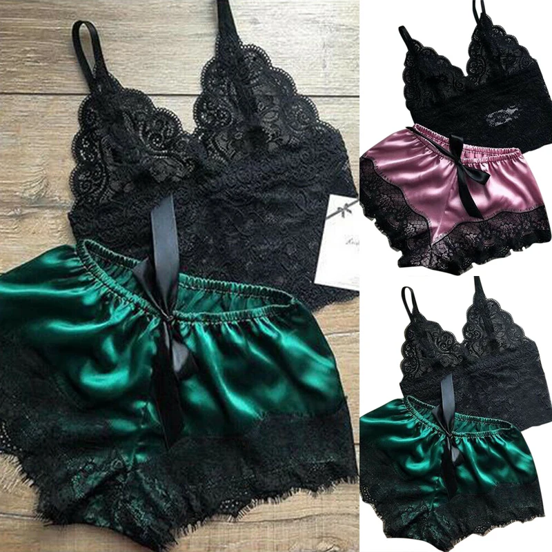 2PCS Women Pajama Suit Fashion V-Neck Lace Sexy Lingerie Pyjamas Sleep Tops Shorts Set Babydoll Casual Pajamas Nightwear