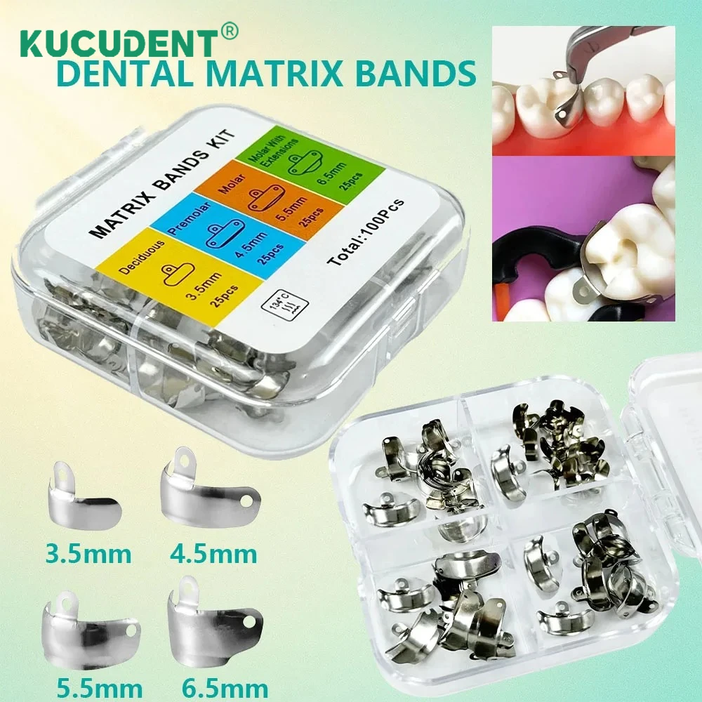 100Pcs/Box Dental Matrix Bands Kit Sectional Metal Matrice with Hole Fit Garrison Palodent Teeth Wedges 3.5/4.5/5.5/6.5mm