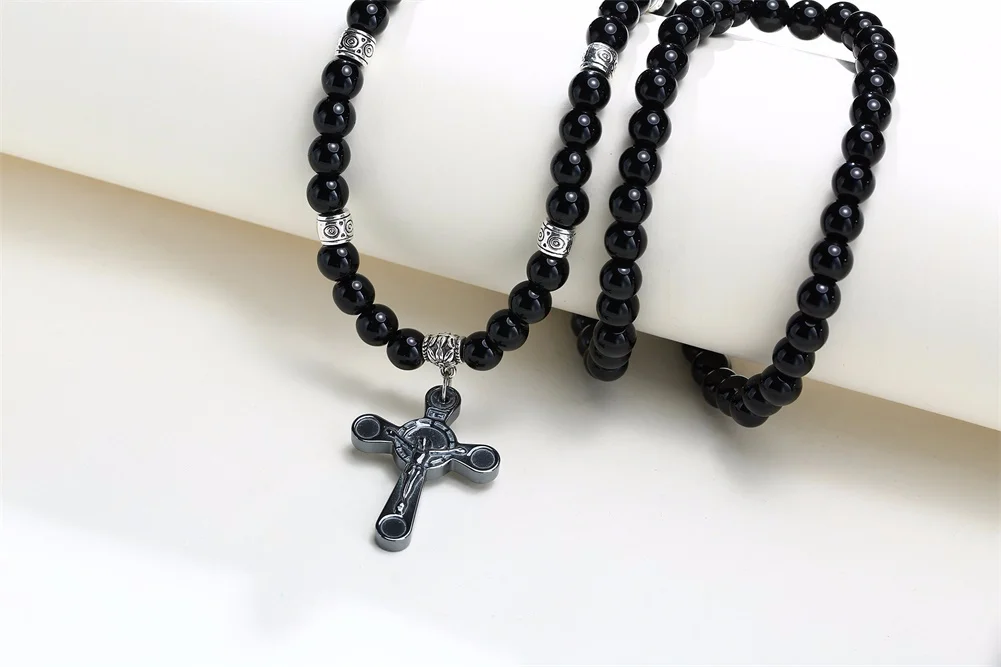 HERREN SCHWARZE CARNELIANISCHE STEIN ROSAIRPERLEN-HALSKETTE CROSS CRUCIFIX KATHOLISCHER MÄNNLICHER SCHMUCK – Detail 4