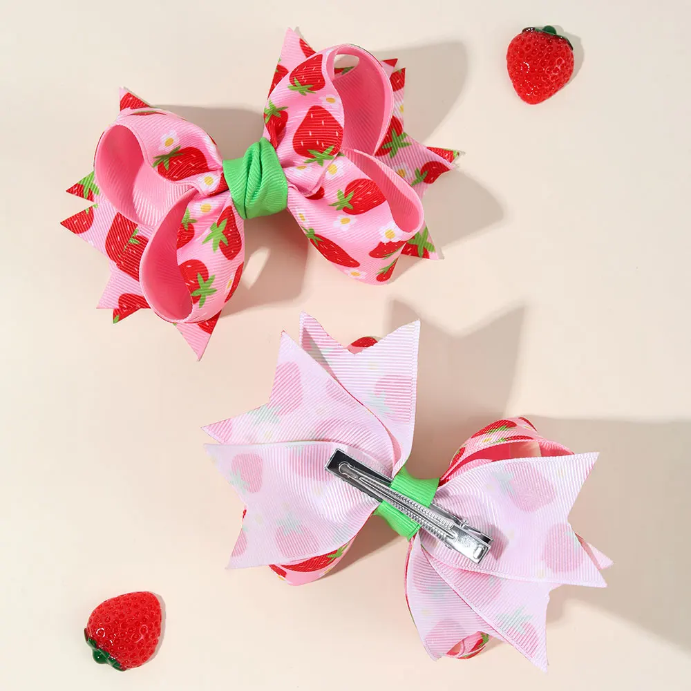 2Pcs Ribbon Strawberry Print Bows Hair Clips Bowknot Hairpin Kid Barrettes Pink Ponytail Clip Headwear Children Hair Accessories